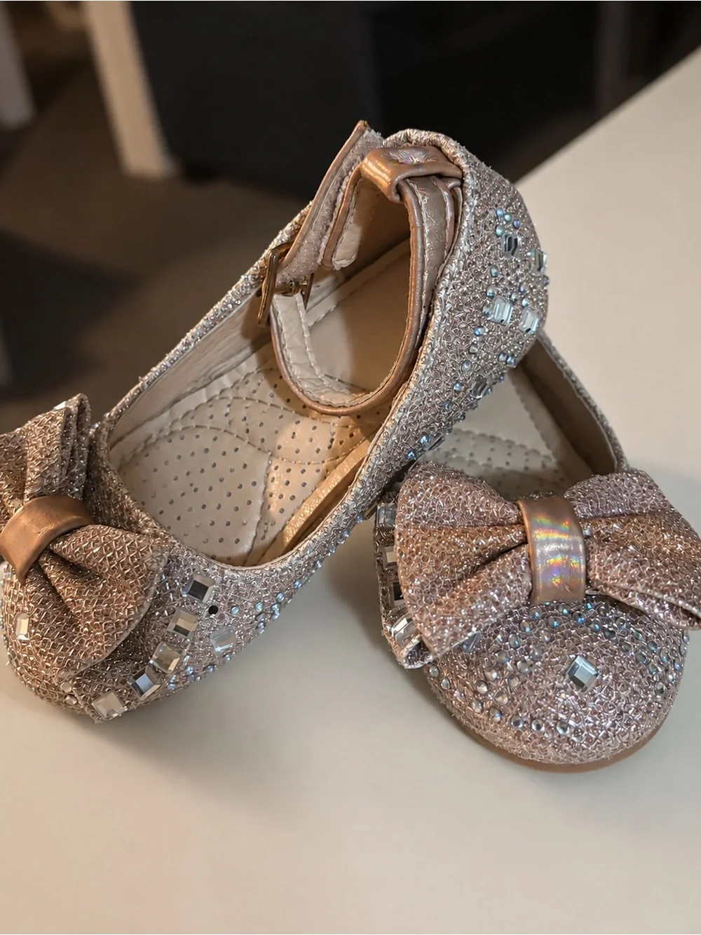 Girls Rose Gold Bow Rhinestone Dress Flats